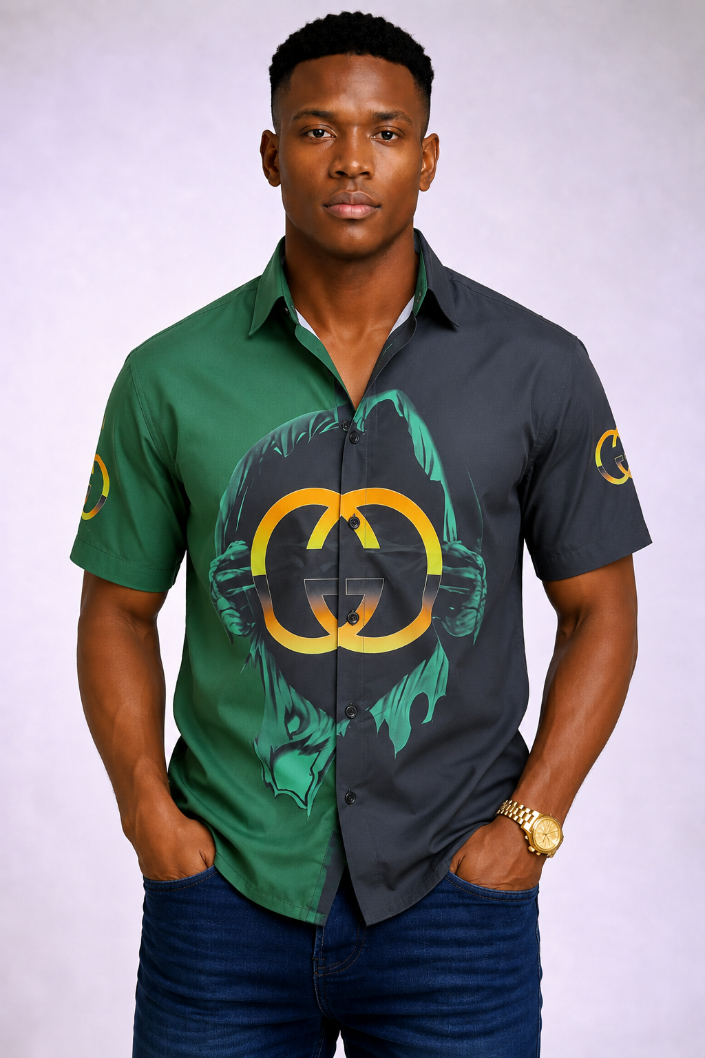 Men's Green & Black Designer Short Sleeve Shirt