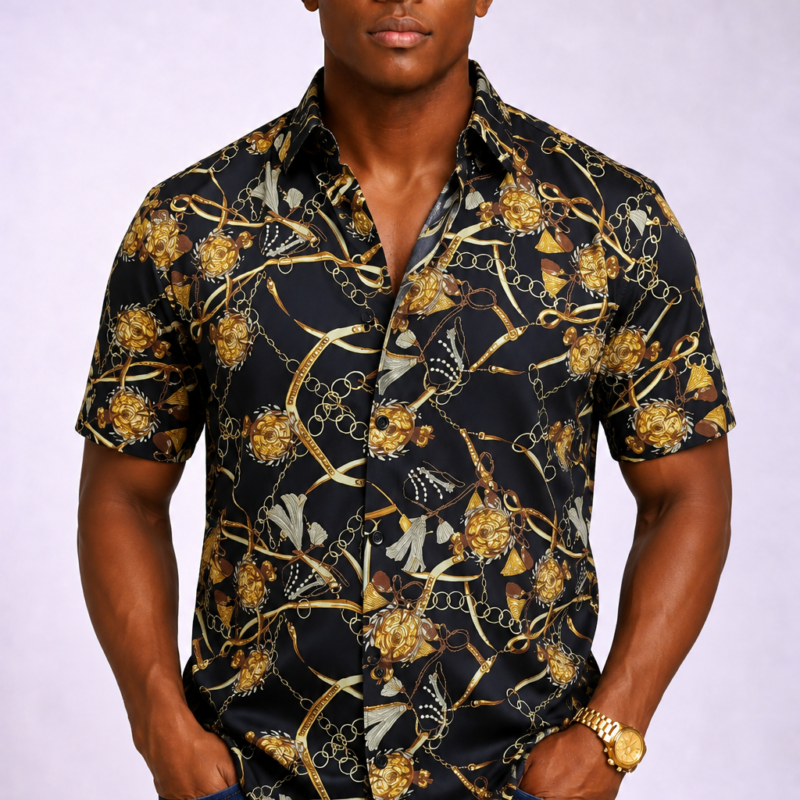 Black & Gold Short Sleeve Stretch Shirt for Men