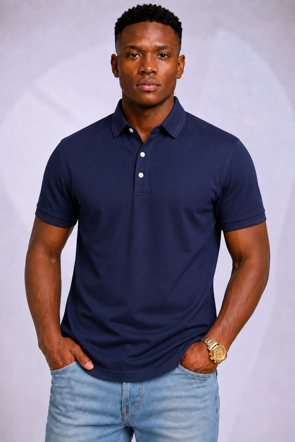 Navy Blue Polo Shirts with Red Collar Lines for Men