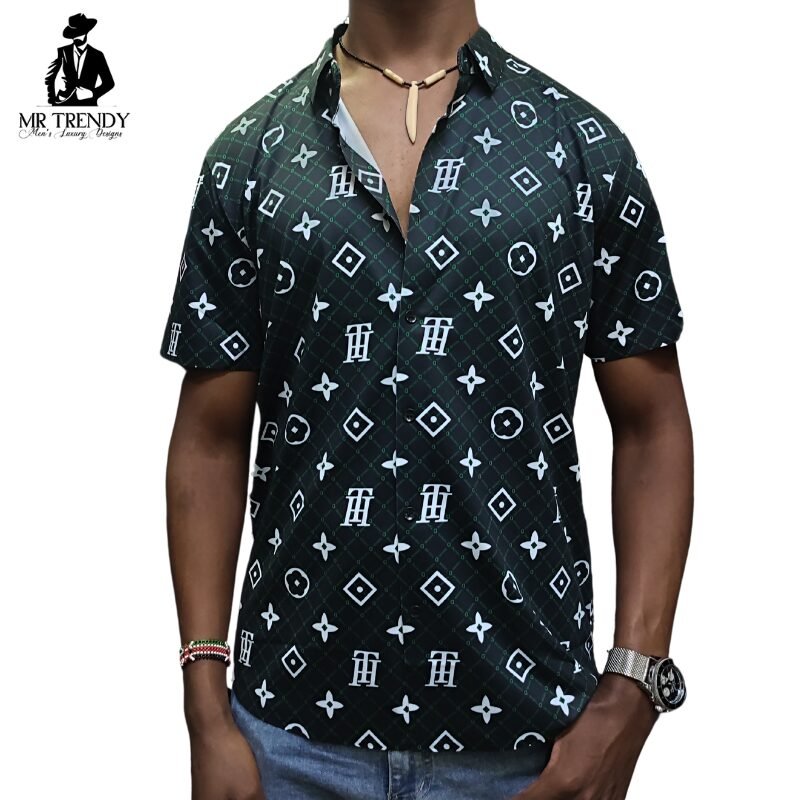 Black & Green Designer Short Sleeve Stretch Shirt for Men