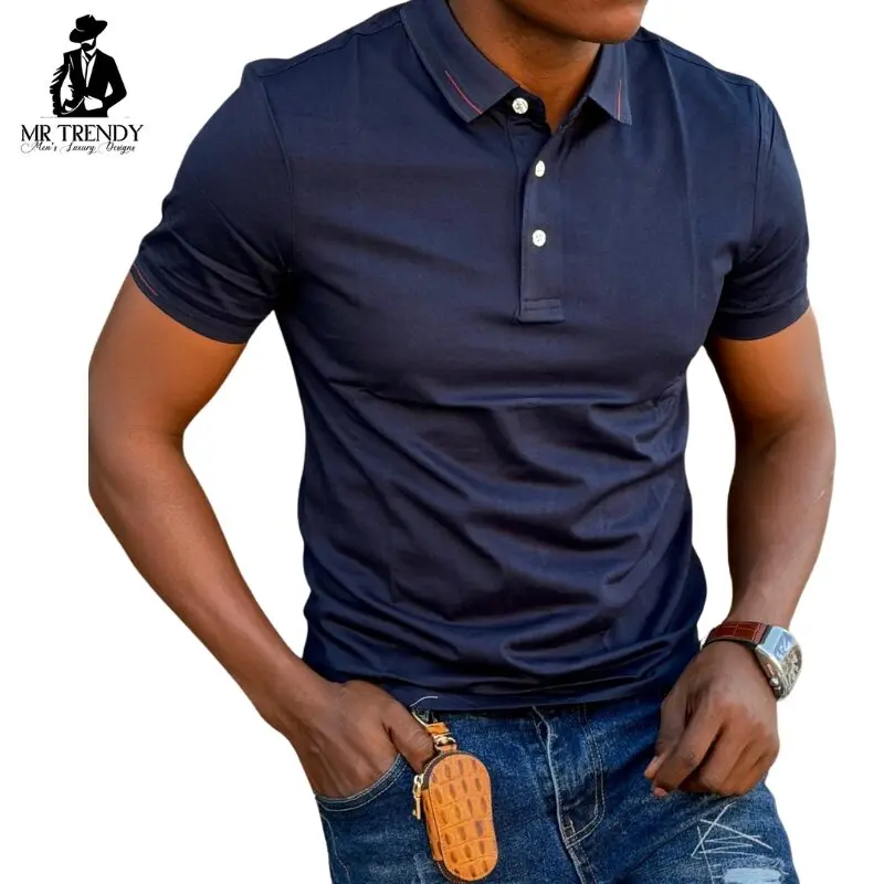 Navy Blue Polo Shirts with Red Collar Lines for Men