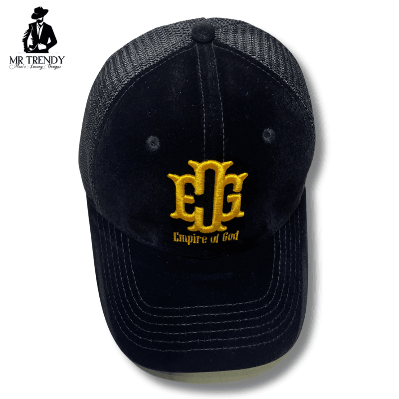 Black Suede Custom Mesh Cap | Yellow Logo