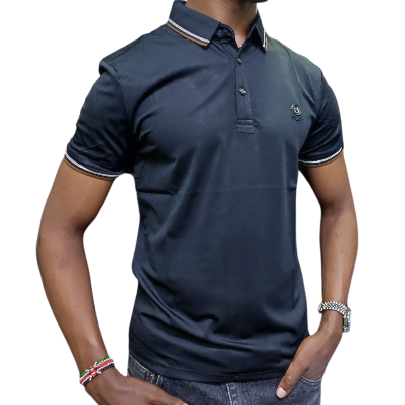 Black Striped Cotton Polo Shirts for Men