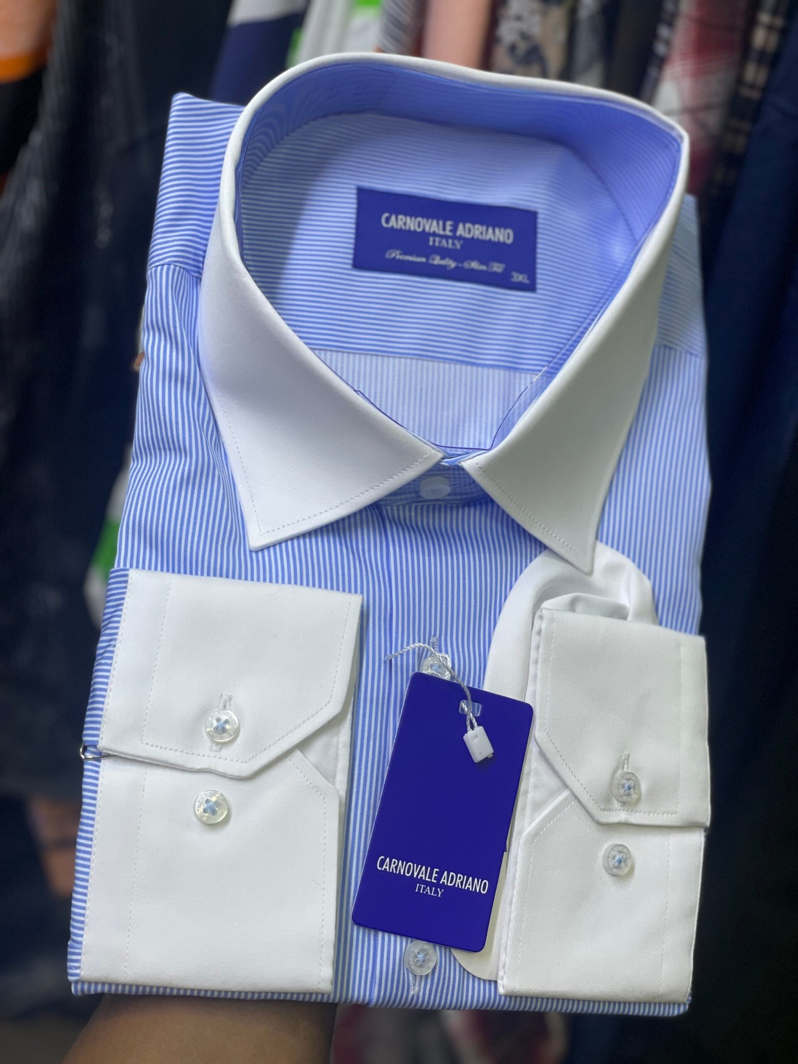 Carnovale Adriano Blue Stripe Contrast Collar Shirt – Italian Design