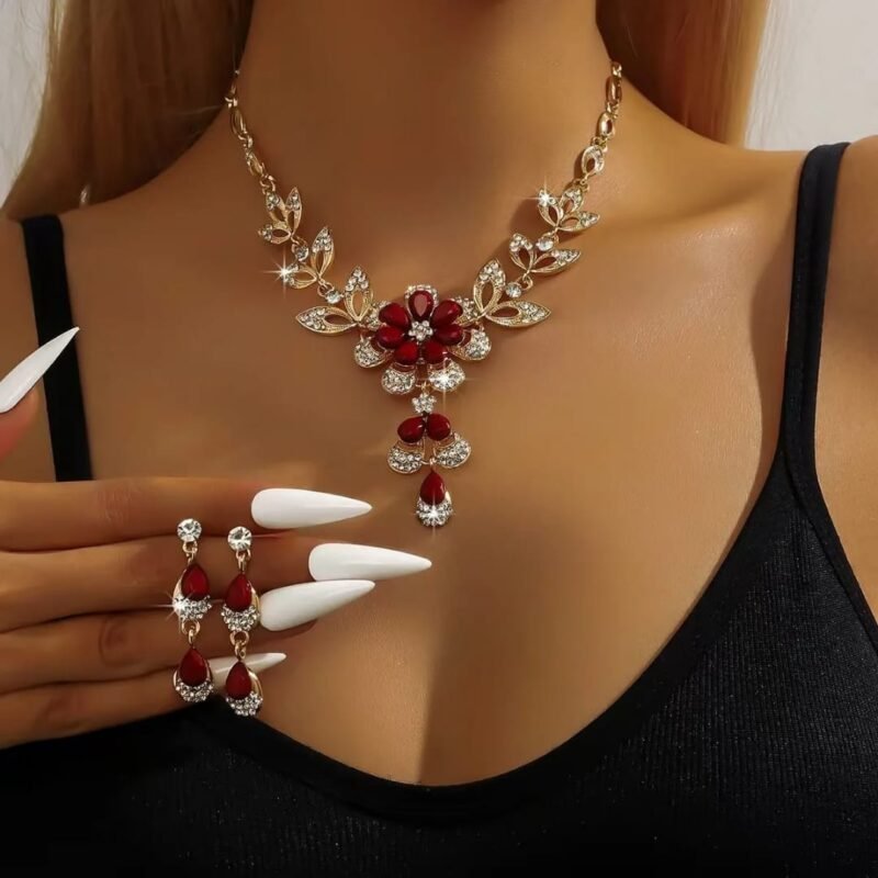 Elegant Red Floral Necklace & Earring Set
